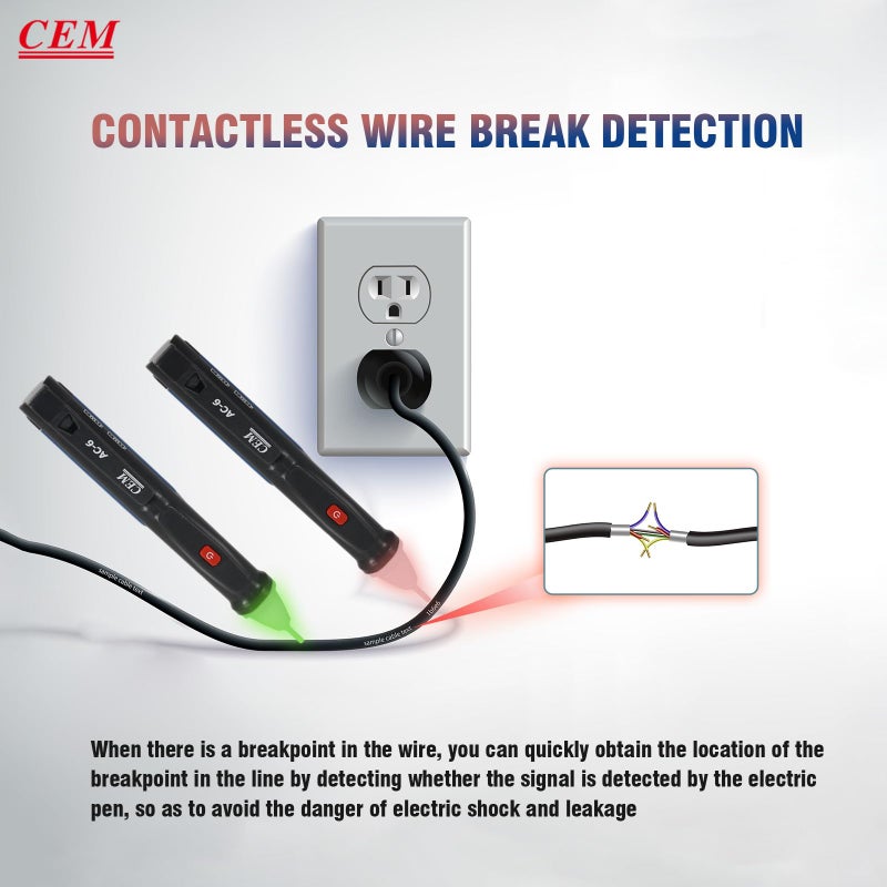 CEM Voltage Tester,CEM AC-6 Non-Contact Voltage Detector,Electrical Tester,AC,LCD Display in Percentage,Buzzer Alarm,Live Wire Tester,Wire Breakpoint Finder - Black-Built-in/External Battery (Random) - Image 3